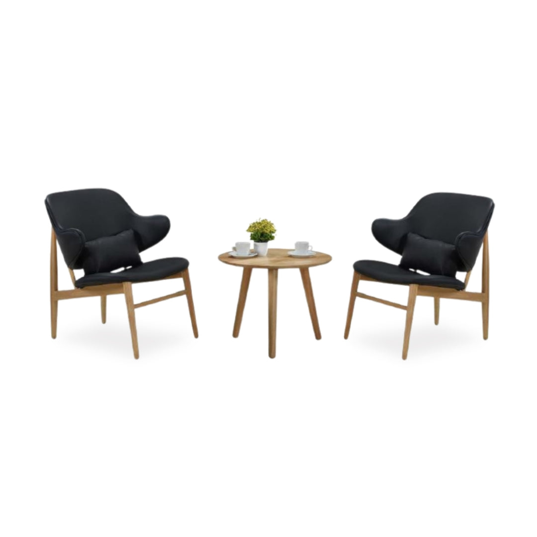 BELVOIR Lounge Set (1T+2C) (Natural Table with PU Black/Oak Chair)