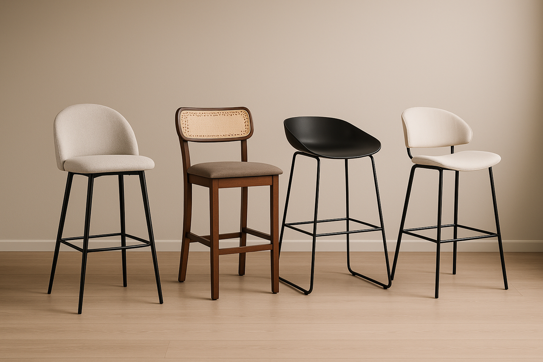 Warm-toned bar stools paired with wooden island table